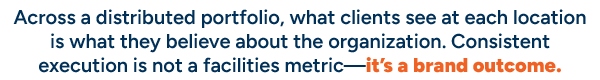 Velociti-Blog-May2026-PullQuote-ConsistencyBrand - Velociti Services Bold pull quote reading: "Across a distributed portfolio, what clients see at each location is what they believe about the organization. Consistent execution is not a facilities metric—it's a brand outcome." Text is navy blue with the final phrase highlighted in orange.